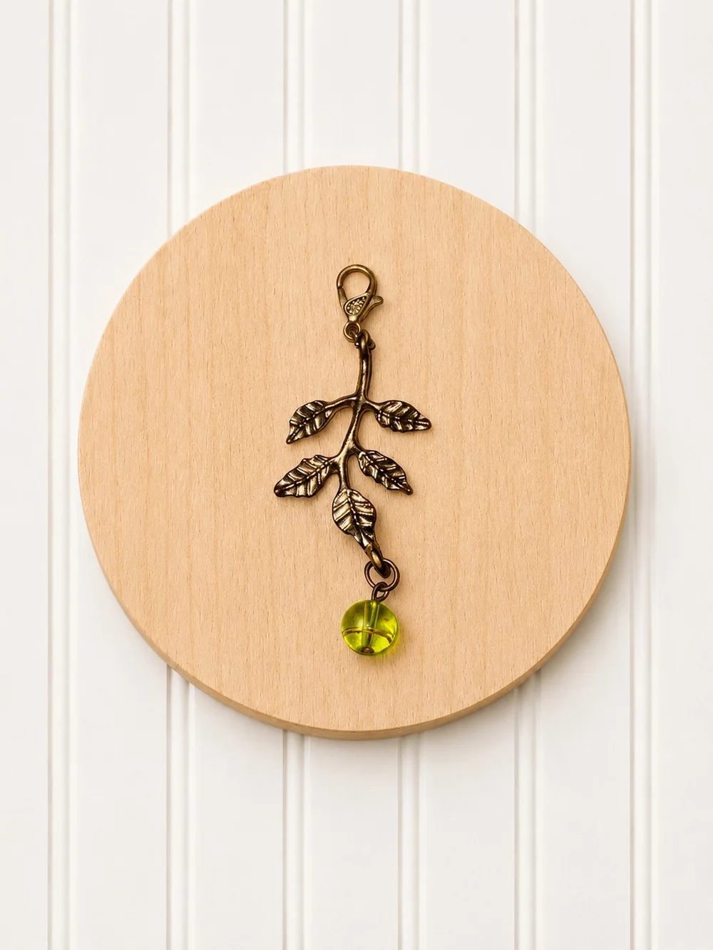 Leaf Branch Phone Charm Keychain Charm with Lime Green Bead